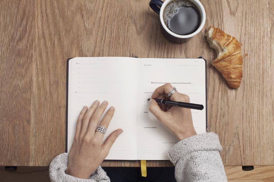 Overhead view of hands writing in a journal ruled into goals, wins and lessons learned, next to a cup of coffee.